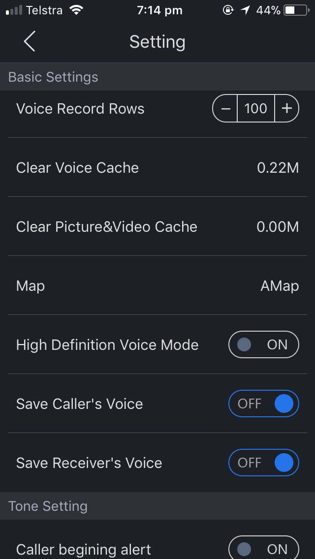 P2T app — settings screen