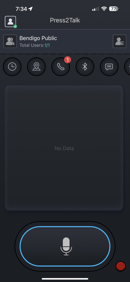 Press2Talk PTT app main screen — push to talk button