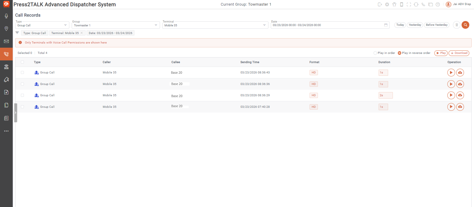 Press2TALK Web Dispatcher live fleet map with call records