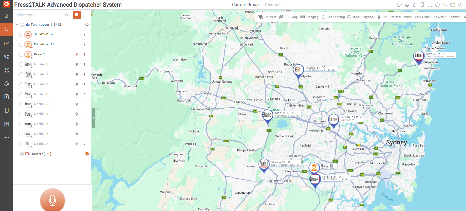 Press2Talk Web Dispatcher showing live GPS locations and voice call records