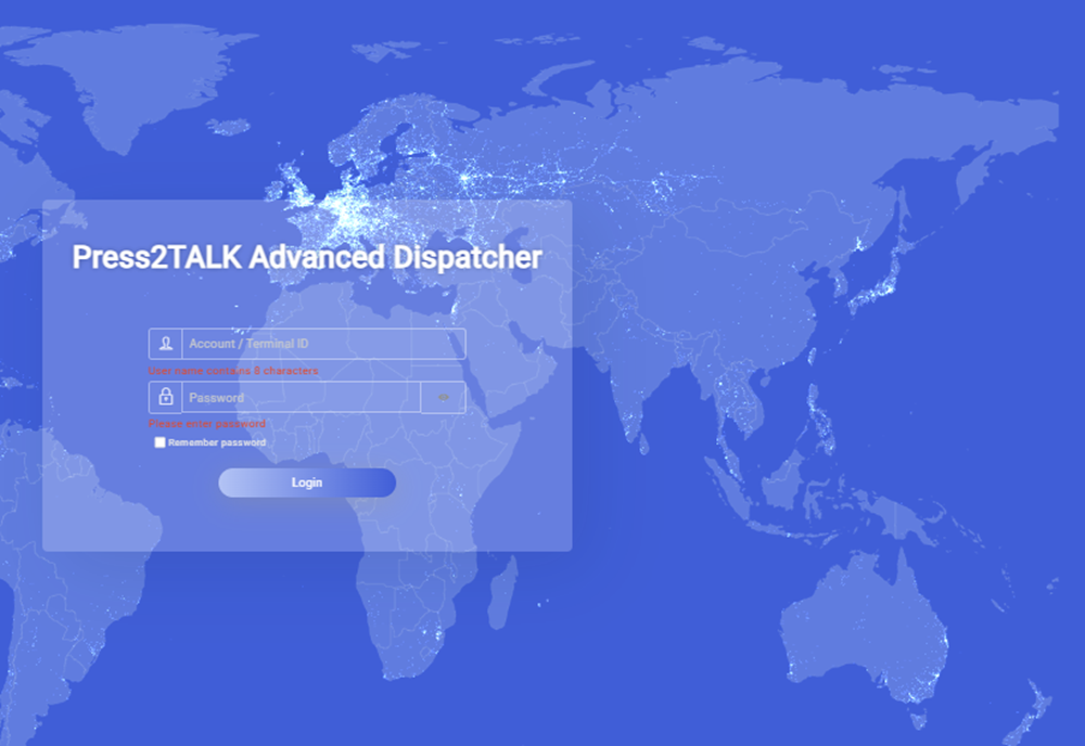 Press2TALK Web Dispatcher login screen — runs in any browser with no software installation