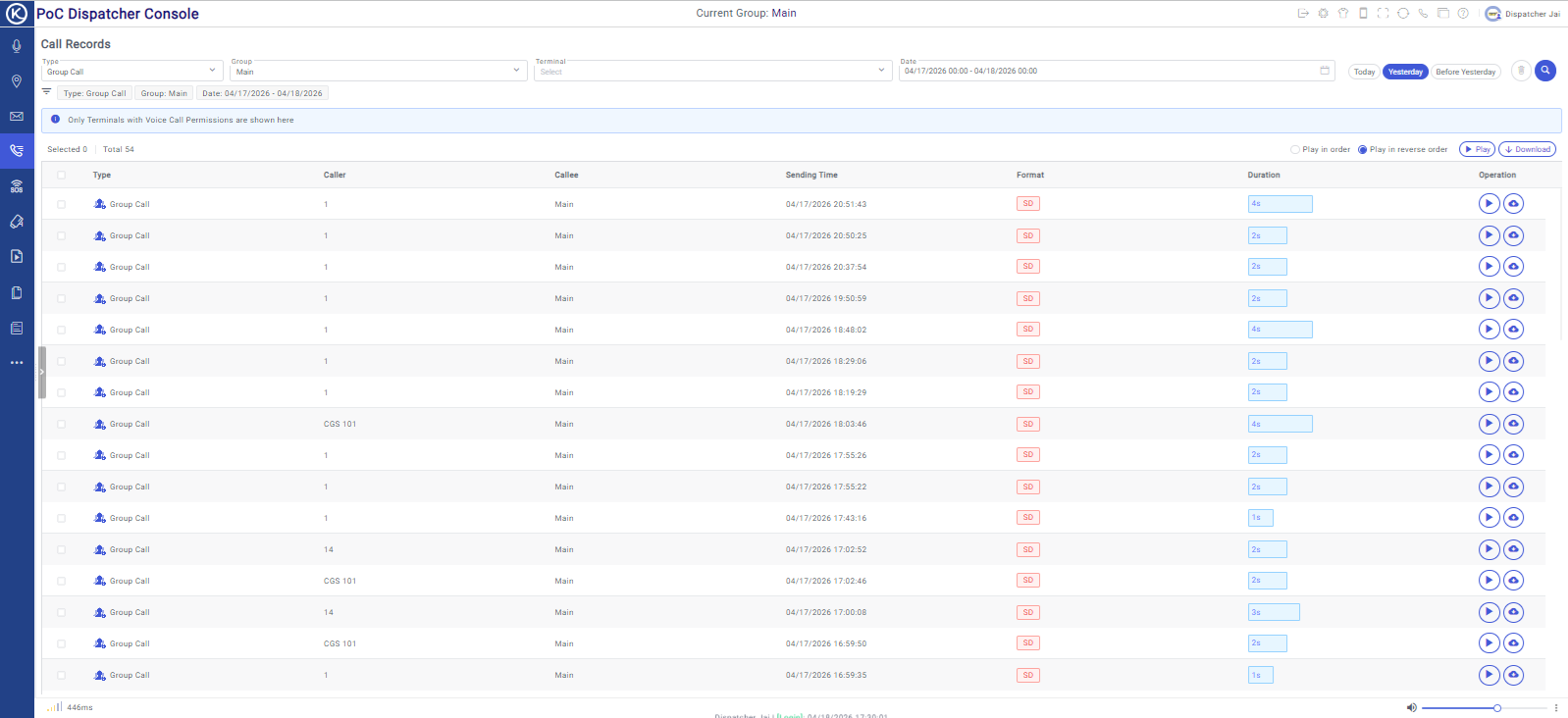 Press2TALK Web Dispatcher call records screen showing searchable voice recording log