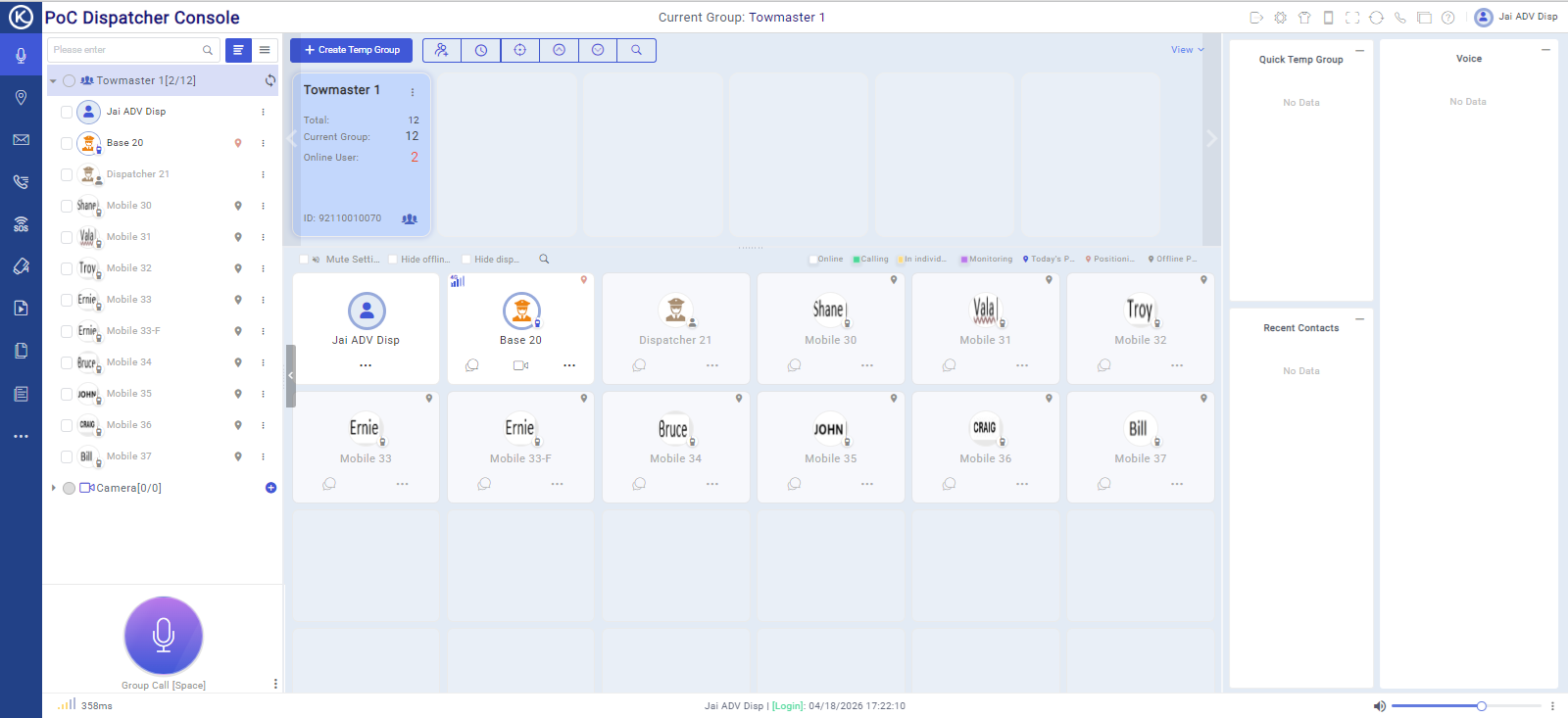 Press2TALK Web Dispatcher dispatching console showing fleet member grid and call interface
