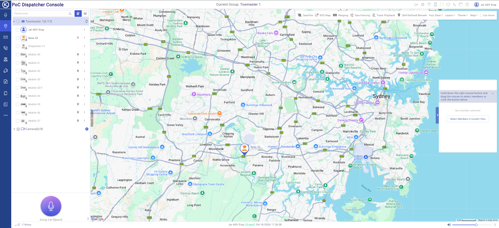 Press2TALK Web Dispatcher GPS and Mapping view showing live fleet positions on Sydney map