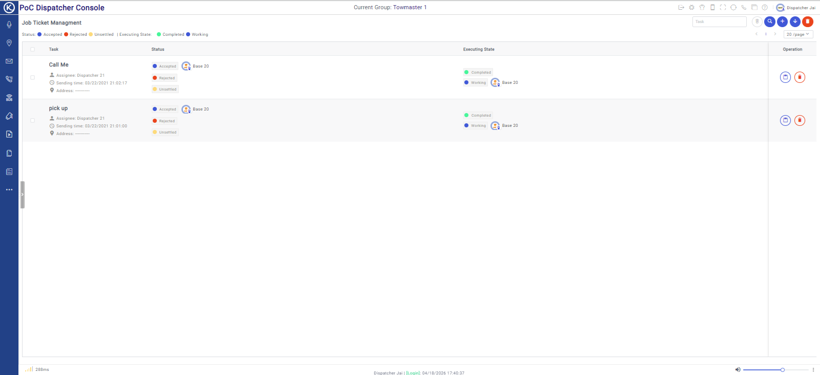 Press2TALK Web Dispatcher job ticket management screen showing task dispatch and status tracking