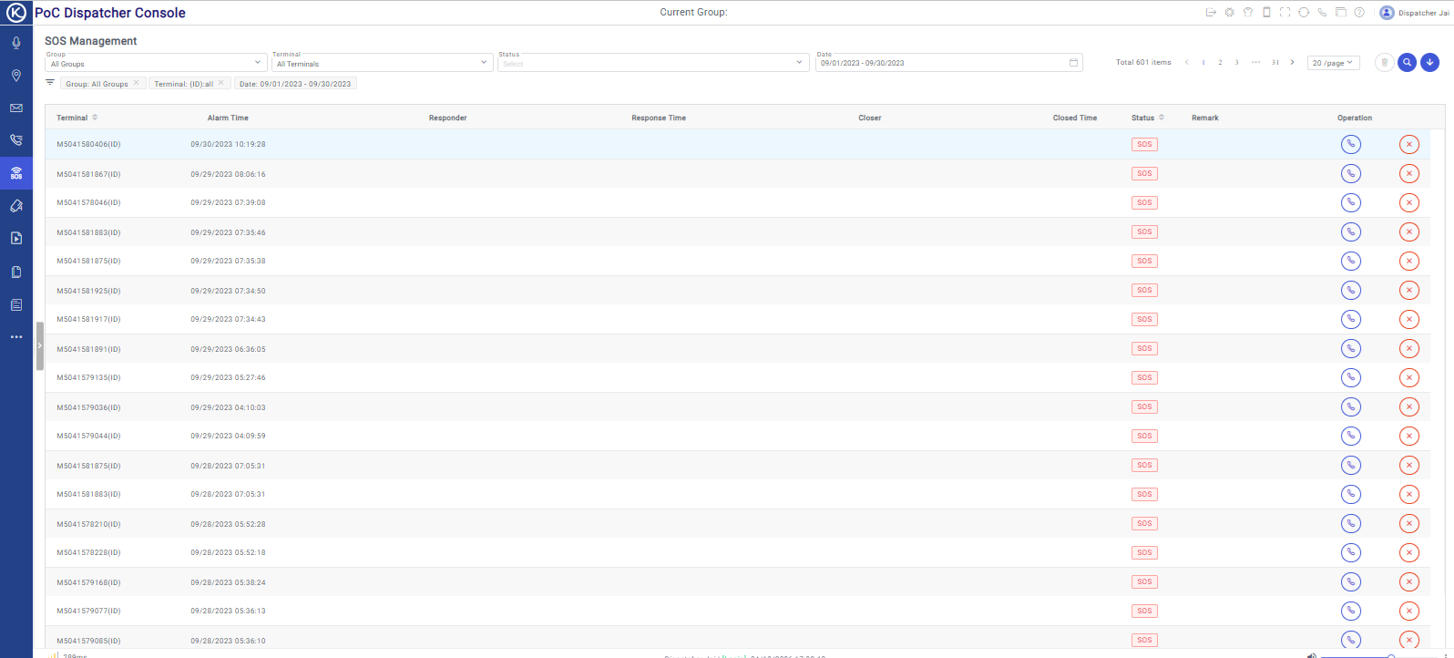 Press2TALK Web Dispatcher SOS management screen showing alarm log and duress management interface